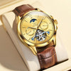 OLEVS 6663 Men Multifunctional Waterproof Hollow Leather Strap Mechanical Watch(Gold + Brown)