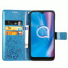 For  Alcatel 1S (2020) Four-leaf Clasp Embossed Buckle Mobile Phone Protection Leather Case with Lanyard & Card Slot & Wallet & Holder Function(Blue)