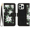 For iPhone 13 Pro Max Floral Pattern Leather Phone Case with Lanyard(Black)
