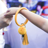 2 PCS Fringed Bracelet Keychain Circle Anti-Lost PU Leather Hairball Bracelet Keyring Pendant( Pink)