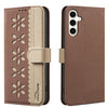 For Samsung Galaxy A55 5G Splicing Color Hollow Flower Pattern RFID Leather Phone Case(Brown)