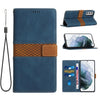 For Samsung Galaxy S21 FE 5G Grid Stitching Leather Phone Case with Lanyard(Blue)