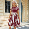 Women Spring Summer Round Neck Splicing Printed Short Sleeve Big Hem Dress, Size: XL(Wine Red)