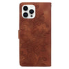 For iPhone 14 Pro Lace Floral Embossed Magnetic Buckle Leather Phone Case(Brown)