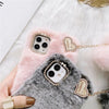 For iPhone 13 Pro Max Gold Diamond Flower Decorated Plush Silicone Phone Case with Pendant(Pink)