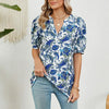 Women V-neck Loose Short-sleeved Printed T-shirt Top, Size: XXL(Blue Cashew)