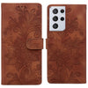 For Samsung Galaxy S21 Ultra 5G Lace Floral Embossed Magnetic Buckle PU Phone Case With Wrist Strap(Brown)