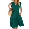 Butterfly Sleeve Layered Hem Dress V-Neck Loose Waist-Cinching Patchwork Dress, Size: XL(Dark Green)