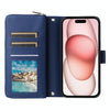For iPhone 15 Nine-card Slots Zipper Wallet Bag Leather Phone Case(Blue)