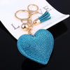 Heart Keychain Leather Tassel Gold Key Holder Metal Crystal Key Chain Keyring Charm Bag Auto Pendant Gift(light blue)
