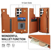 For Samsung Galaxy S23 Ultra 5G Double Flap Zipper RFID Leather Phone Case with Short Lanyard(Brown)