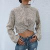 Crop Top Long Sleeve Pullover Turtleneck Leopard Shirt, Size:S(Khaki)