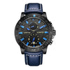 Ochstin 6045A Multifunctional Quartz Luminous Genuine Leather Men Watch(Black+Blue)