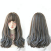 Wig Female Long Hair Highlighting Gradient Big Wave Hair Cover Comfortable Natural Full Shoulder Hair(Cold Brown Pick Haze Blue 53CM)