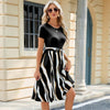 Women Spring Summer Round Neck Splicing Printed Short Sleeve Big Hem Dress, Size: L(Black)