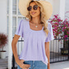 Spring and Summer Square Neck Pleated Short Sleeve Ladies Loose T-Shirt Top, Size: S(Purple)