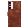 For Samsung Galaxy S23 5G Lace Floral Embossed Magnetic Buckle PU Phone Case With Wrist Strap(Brown)