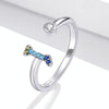 S925 Sterling Silver 26 English Letters Colorful Zircon Women Open Ring, Style:I