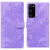 For Samsung Galaxy S20 FE Lace Floral Embossed Magnetic Buckle PU Phone Case With Wrist Strap(Purple)