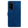 For Samsung Galaxy S20 FE Lace Floral Embossed Magnetic Buckle PU Phone Case With Wrist Strap(Blue)