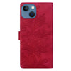 For iPhone 15 Lace Floral Embossed Magnetic Buckle Leather Phone Case(Red)
