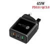 45W PD25W + 2 x QC3.0 USB Multi Port Charger with USB to 8 Pin Cable, UK Plug(Black)