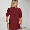 Women Summer Casual V-Neck Hollow Bubble Sleeve Loose T-Shirt, Size: XXL(Wine Red)