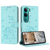 For vivo Y300 Global / V40 Lite IDN Embossed Kitten Phone Leather Case with Lanyard(Mint Green)