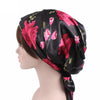 TJM-226 Ladies Satin Print Ribbon Bow Turban Hat Night Cap Silk Chemotherapy Hat Long Tail Braid Hat(Big Black Flower)