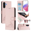 For Samsung Galaxy A56 5G Cat Rat Embossed Pattern RFID Leather Phone Case with Lanyard(Pink)