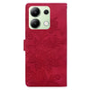 For Redmi Note 13 4G Lace Floral Embossed Magnetic Buckle PU Phone Case With Wrist Strap(Red)