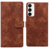 For Samsung Galaxy S23 5G Lace Floral Embossed Magnetic Buckle PU Phone Case With Wrist Strap(Brown)