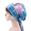 TJM-226 Ladies Satin Print Ribbon Bow Turban Hat Night Cap Silk Chemotherapy Hat Long Tail Braid Hat(Lake Blue)