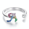 S925 Sterling Silver 26 English Letters Colorful Zircon Women Open Ring, Style:A