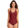 HS18110 Women Belly Cover One-Piece Swimsuit With Chest Pad, Size: L(Red Wine)