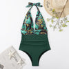 Summer One-piece Backless Lace-Up Ladies Swimsuit Floral-print Halter Bikini, Size: L(Green Leaves+Green)