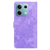 For Redmi Note 13 5G Lace Floral Embossed Magnetic Buckle PU Phone Case With Wrist Strap(Purple)