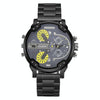 CAGARNY 6820 Fashionable Business Style Large Dial Dual Time Zone Quartz Movement Wrist Watch with Stainless Steel Band & Calendar Function for Men(Black Band Yellow Needle)