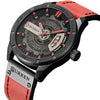 CURREN M8301 Men Military Sports Watch Quartz Date Clock Leather Wristwatch(black case red)