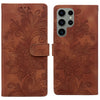 For Samsung Galaxy S23 Ultra 5G Lace Floral Embossed Magnetic Buckle PU Phone Case With Wrist Strap(Brown)