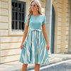 Women Spring Summer Round Neck Splicing Printed Short Sleeve Big Hem Dress, Size: XL(Pea Green)