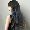 Wig Female Long Hair Big Wave Gradient Full Headgear(Gradient Fog Blue Gray 68CM)