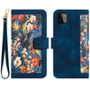 For Samsung Galaxy A22 5G Floral Pattern Leather Phone Case with Lanyard(Dark Blue)