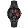 SANDA 1070 3D Oval Hollow Out Wheel Non-rotatable Dial Quartz Watch for Men, Style:Leather Belt(Black Red)