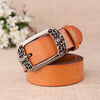 ZK--067 Retro Engraved Buckle Butterfly Print Pin Buckle Leather Belt, Length: 110cm(Brown)