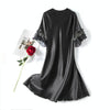 Scalloped Edge V-Neck Mid Sleeve Loose Women Nightdress, Size:M(Black)