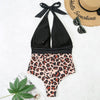 Summer One-piece Backless Lace-Up Ladies Swimsuit Floral-print Halter Bikini, Size: M(Black+Leopard)