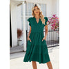 Butterfly Sleeve Layered Hem Dress V-Neck Loose Waist-Cinching Patchwork Dress, Size: S(Dark Green)