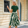 Women Spring Summer Round Neck Splicing Printed Short Sleeve Big Hem Dress, Size: XL(Dark Green)