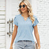 Women V-Neck Button Hollow Loose Short Sleeve T-Shirt Blouse, Size: M(Sky Blue)